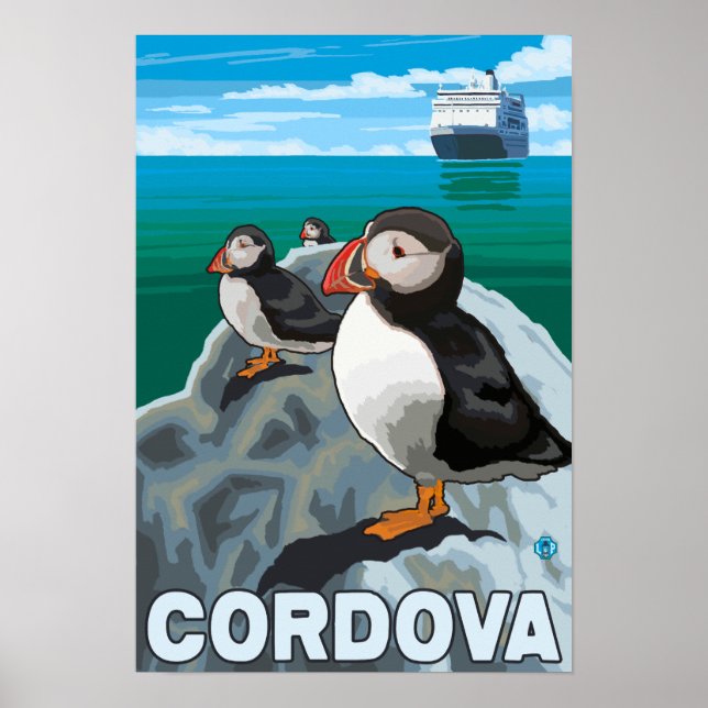 Puffins & Cruise Ship - Cordova, Alaska Poster (Front)