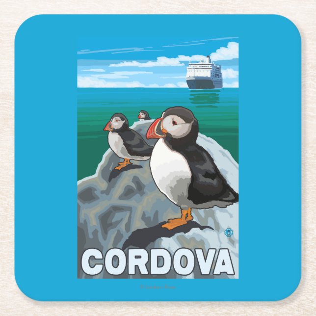 Puffins & Cruise Ship - Cordova, Alaska Square Paper Coaster (Front)