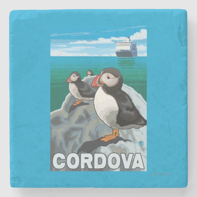 Puffins & Cruise Ship - Cordova, Alaska Stone Coaster (Front)