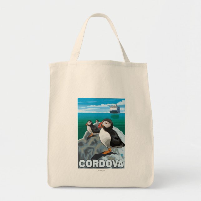 Puffins & Cruise Ship - Cordova, Alaska Tote Bag (Front)