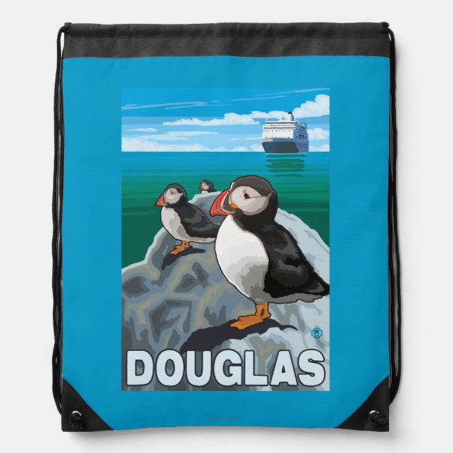 Puffins & Cruise Ship - Douglas, Alaska Drawstring Bag (Front)