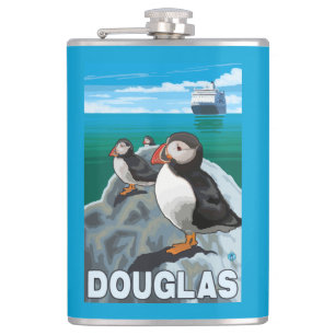 Puffins & Cruise Ship - Douglas, Alaska Flask