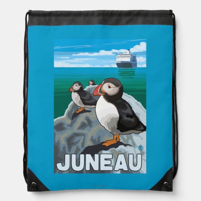 Puffins & Cruise Ship - Juneau, Alaska Drawstring Bag (Front)