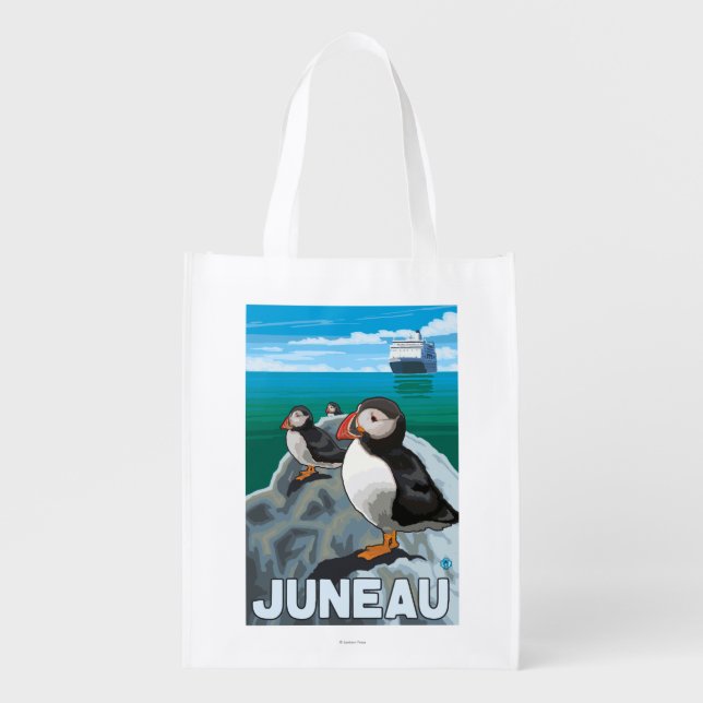 Puffins & Cruise Ship - Juneau, Alaska Grocery Bag (Front)