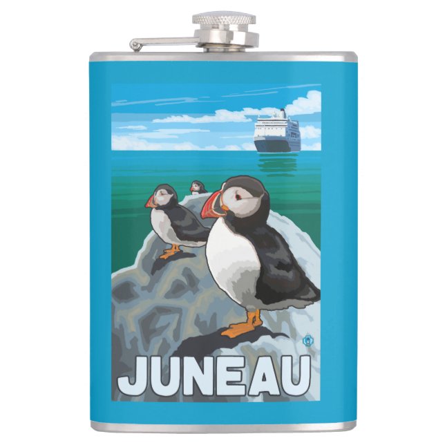 Puffins & Cruise Ship - Juneau, Alaska Hip Flask (Front)