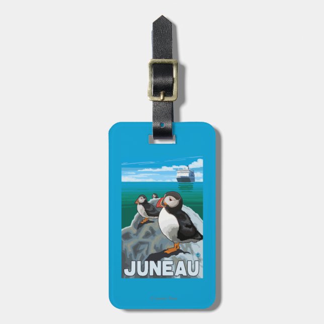 Puffins & Cruise Ship - Juneau, Alaska Luggage Tag (Front Vertical)
