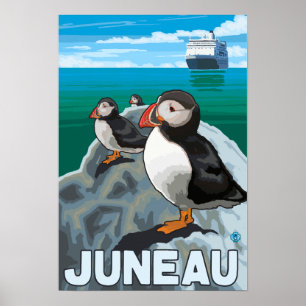 Puffins & Cruise Ship - Juneau, Alaska Poster