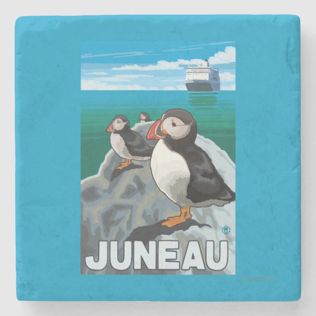 Puffins & Cruise Ship - Juneau, Alaska Stone Coaster (Front)