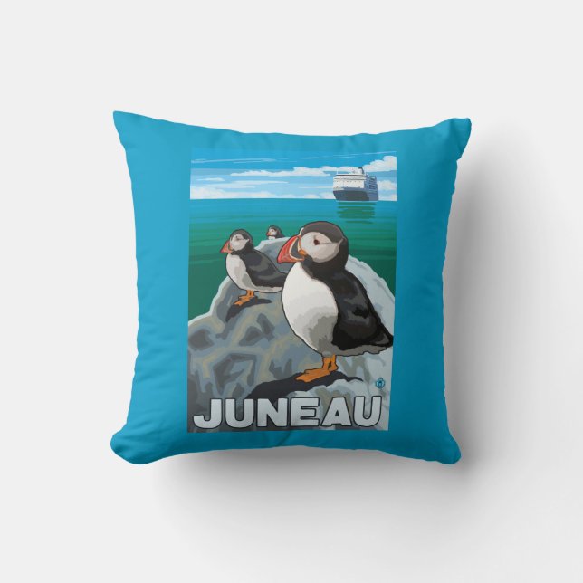 Puffins & Cruise Ship - Juneau, Alaska Throw Pillow (Front)