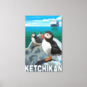 Puffins & Cruise Ship - Ketchikan, Alaska Canvas Print