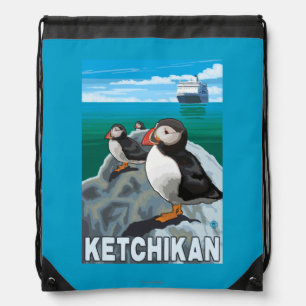 Puffins & Cruise Ship - Ketchikan, Alaska Drawstring Bag