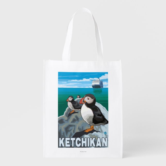 Puffins & Cruise Ship - Ketchikan, Alaska Grocery Bag (Front)