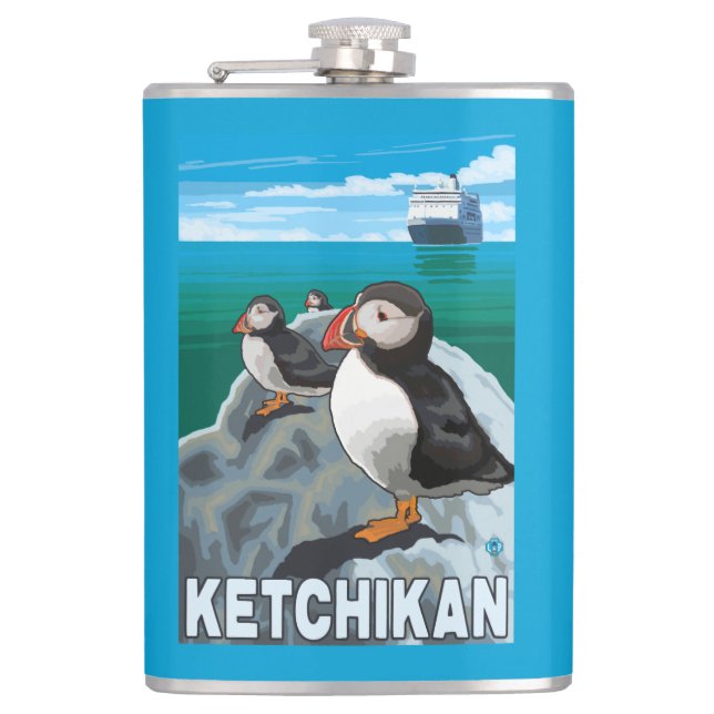 Puffins & Cruise Ship - Ketchikan, Alaska Hip Flask (Front)