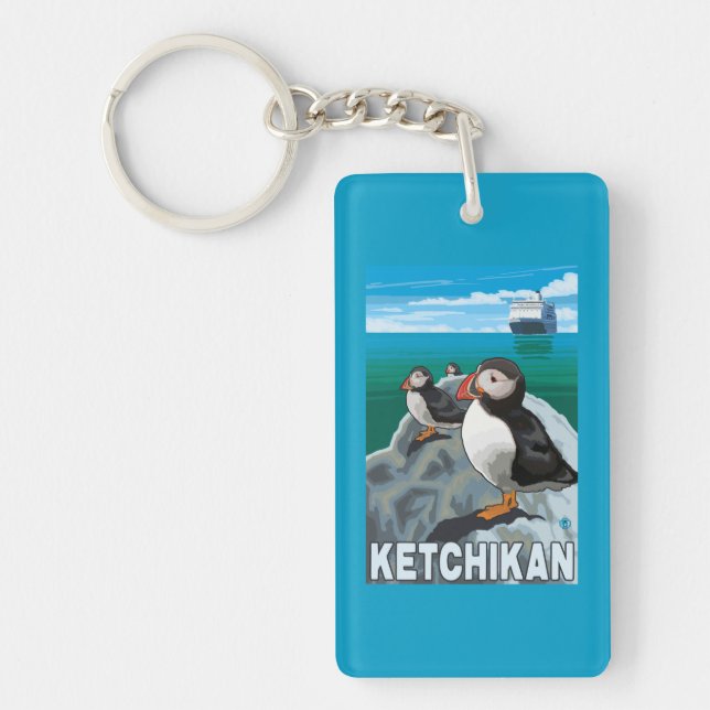 Puffins & Cruise Ship - Ketchikan, Alaska Keychain (Front)