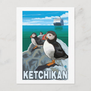 Puffins & Cruise Ship - Ketchikan, Alaska Postcard