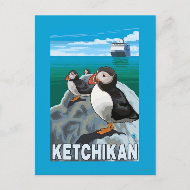 Puffins & Cruise Ship - Ketchikan, Alaska Postcard (Front)