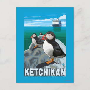 Puffins & Cruise Ship - Ketchikan, Alaska Postcard