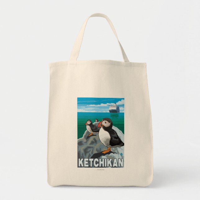 Puffins & Cruise Ship - Ketchikan, Alaska Tote Bag (Front)