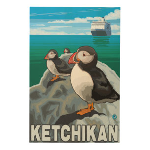 Puffins & Cruise Ship - Ketchikan, Alaska Wood Wall Art