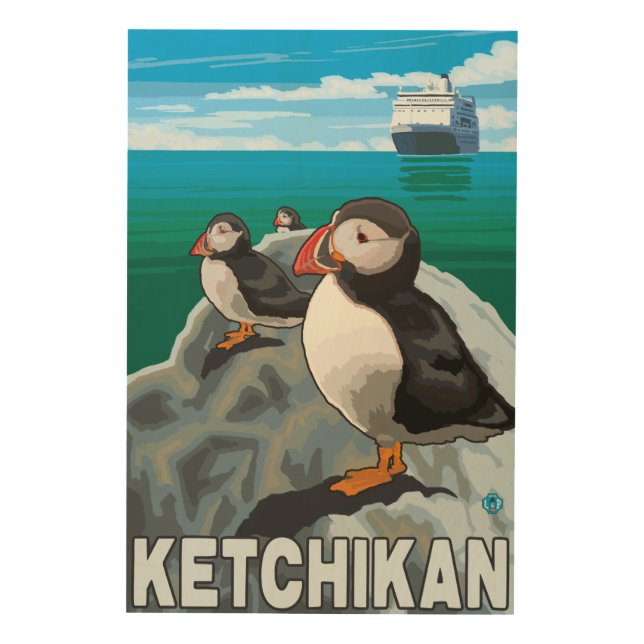 Puffins & Cruise Ship - Ketchikan, Alaska Wood Wall Art (Front)
