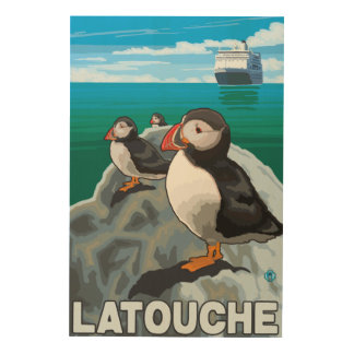 Puffins & Cruise Ship - Latouche, Alaska Wood Wall Art