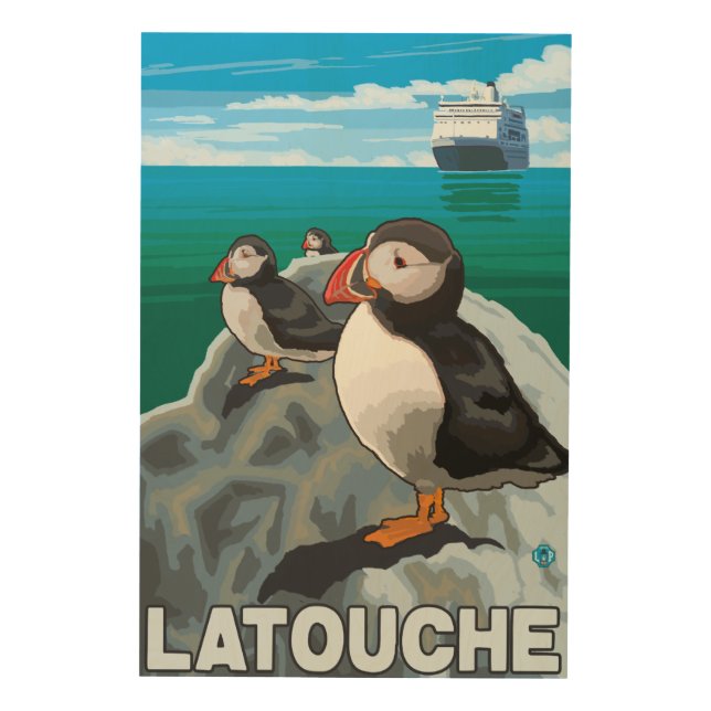 Puffins & Cruise Ship - Latouche, Alaska Wood Wall Art (Front)