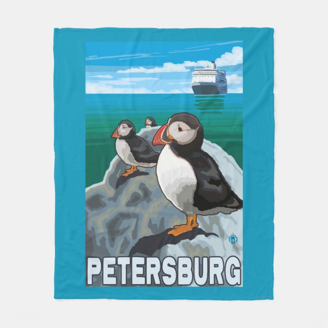 Puffins & Cruise Ship - Petersburg, Alaska Fleece Blanket (Front)