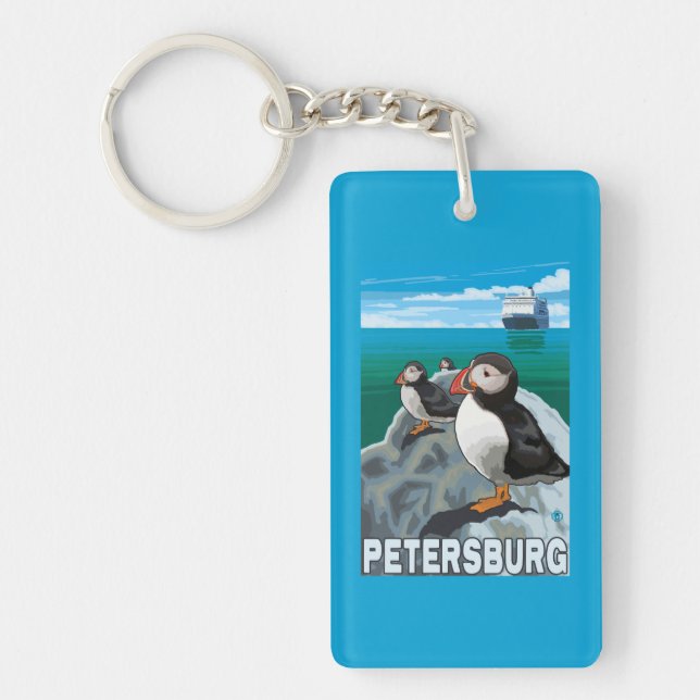 Puffins & Cruise Ship - Petersburg, Alaska Keychain (Front)