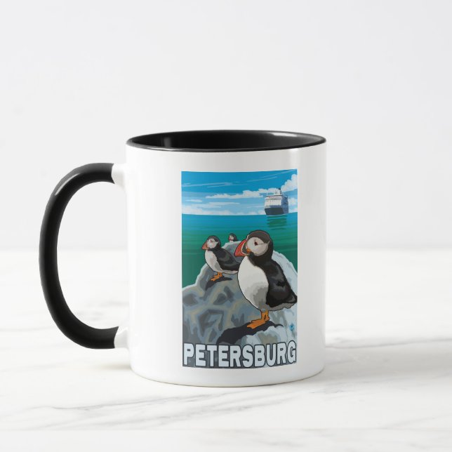 Puffins & Cruise Ship - Petersburg, Alaska Mug (Left)