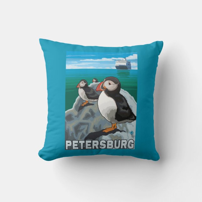 Puffins & Cruise Ship - Petersburg, Alaska Throw Pillow (Front)