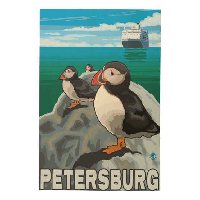 Puffins & Cruise Ship - Petersburg, Alaska Wood Wall Decor (Front)