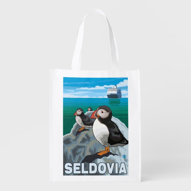 Puffins & Cruise Ship - Seldovia, Alaska Reusable Grocery Bag (Front)