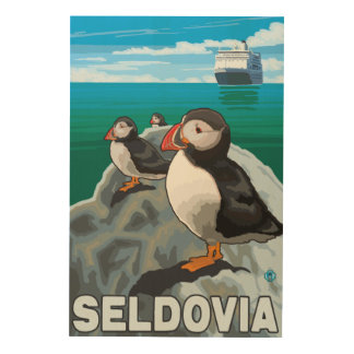 Puffins & Cruise Ship - Seldovia, Alaska Wood Wall Decor