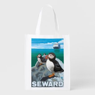Puffins & Cruise Ship - Seward, Alaska Reusable Grocery Bag