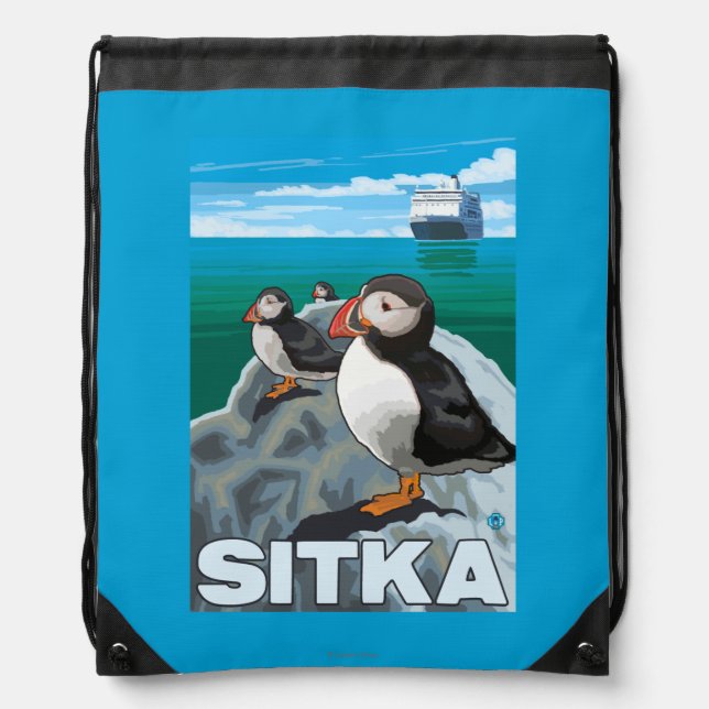 Puffins & Cruise Ship - Sitka, Alaska Drawstring Bag (Front)
