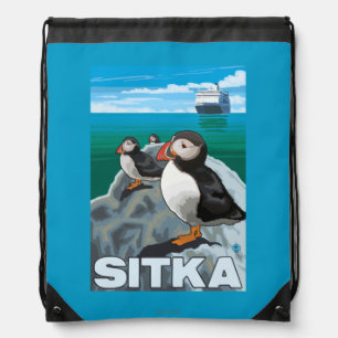 Puffins & Cruise Ship - Sitka, Alaska Drawstring Bag