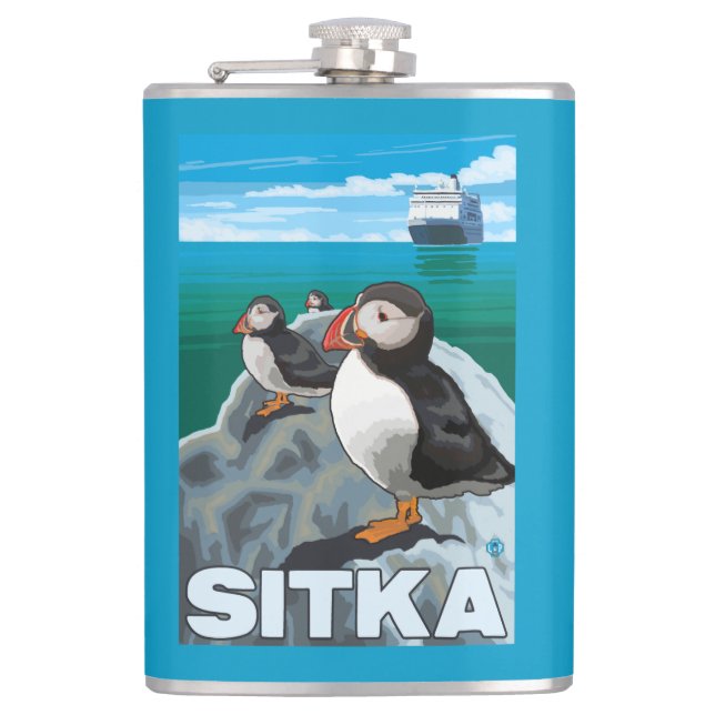 Puffins & Cruise Ship - Sitka, Alaska Flask (Front)