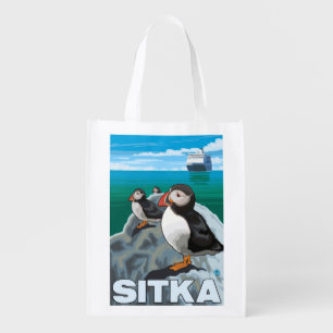 Puffins & Cruise Ship - Sitka, Alaska Grocery Bag