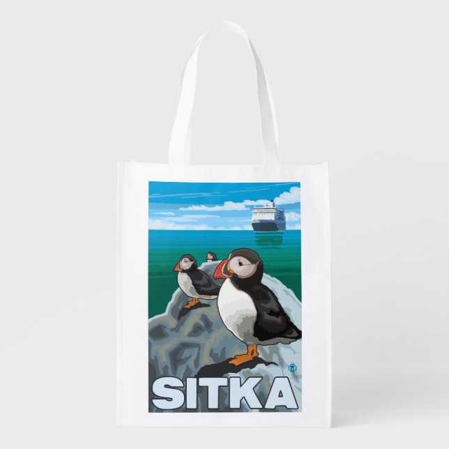 Puffins & Cruise Ship - Sitka, Alaska Grocery Bag (Front)