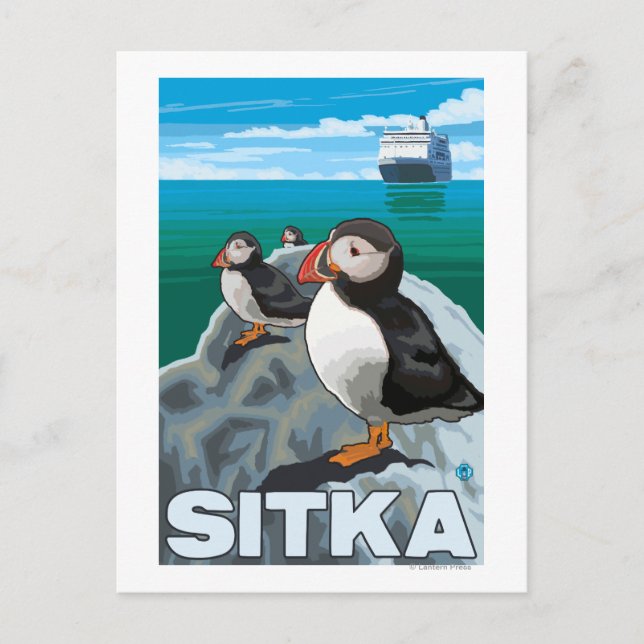 Puffins & Cruise Ship - Sitka, Alaska Postcard (Front)