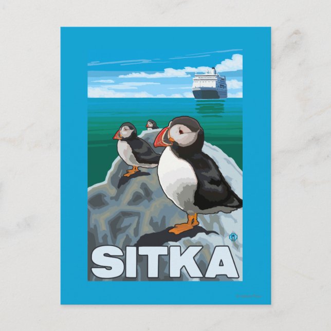 Puffins & Cruise Ship - Sitka, Alaska Postcard (Front)
