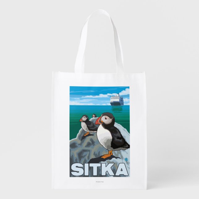 Puffins & Cruise Ship - Sitka, Alaska Reusable Grocery Bag (Front)