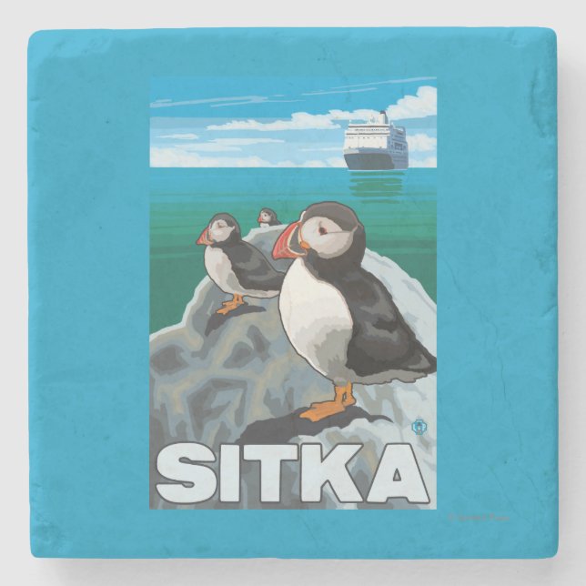 Puffins & Cruise Ship - Sitka, Alaska Stone Coaster (Front)