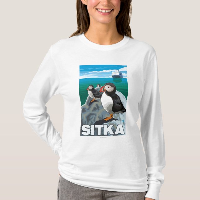 Puffins & Cruise Ship - Sitka, Alaska T-Shirt (Front)