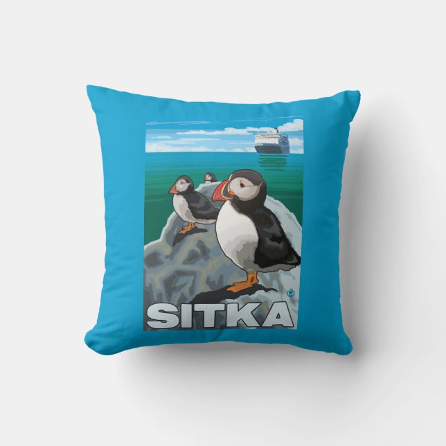 Puffins & Cruise Ship - Sitka, Alaska Throw Pillow (Front)
