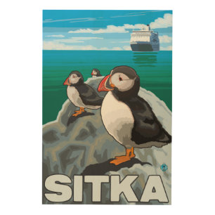 Puffins & Cruise Ship - Sitka, Alaska Wood Wall Art