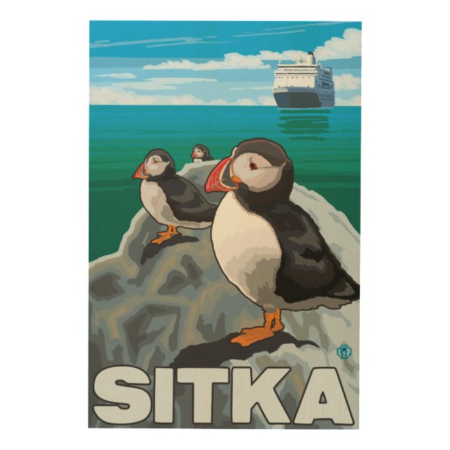 Puffins & Cruise Ship - Sitka, Alaska Wood Wall Art (Front)