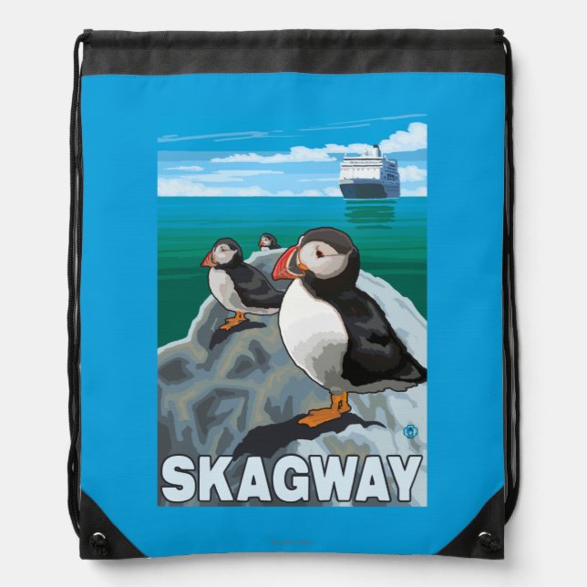 Puffins & Cruise Ship - Skagway, Alaska Drawstring Bag (Front)