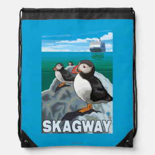 Puffins & Cruise Ship - Skagway, Alaska Drawstring Bag
