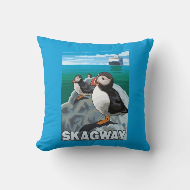 Puffins & Cruise Ship - Skagway, Alaska Throw Pillow (Front)